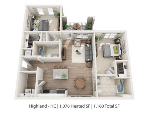 Floor plan for 2 beds, 2 baths, 1078 sqft