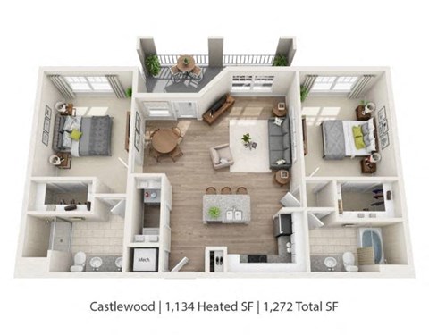 Floor plan for 2 beds, 2 baths, 1134 sqft