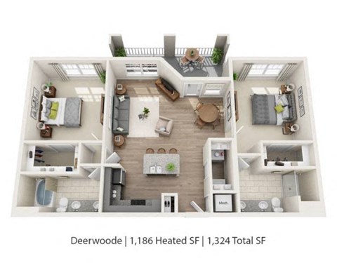 Floor plan for 2 beds, 2 baths, 1186 sqft
