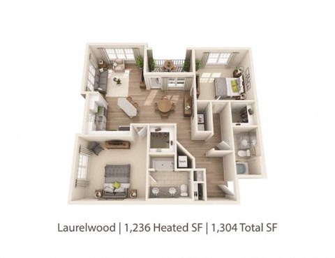 Floor plan for 2 beds, 2 baths, 1236 sqft