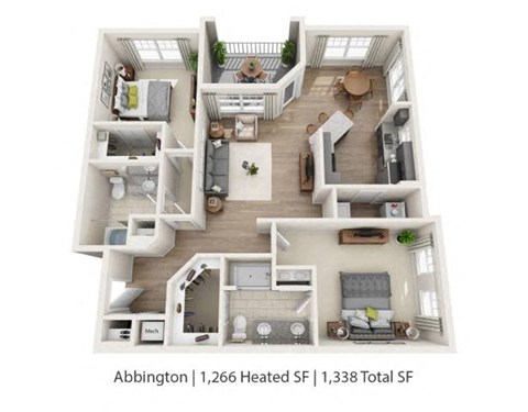 Floor plan for 2 beds, 2 baths, 1266 sqft