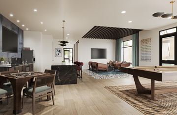 Frisco apartment for rent - A modern living room with a pool table and a bar area.