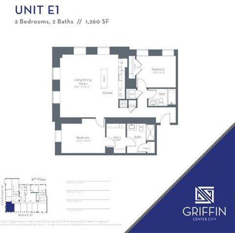 Floor plan for 2 beds, 2 baths, 1260 sqft