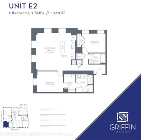 Floor plan for 2 beds, 2 baths, 1251 sqft