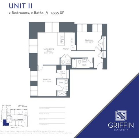 Floor plan for 2 beds, 2 baths, 1335 sqft