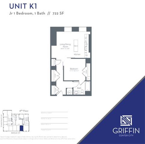 Floor plan for 1 bed, 1 bath, 680 sqft