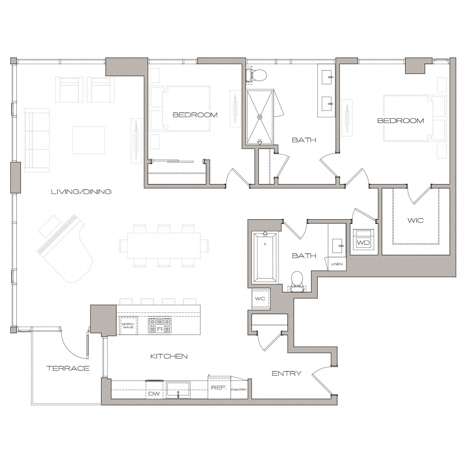Floor plan for 2 beds, 2 baths, 1536 sqft