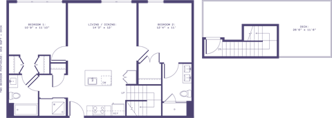 Floor plan for 2 beds, 2 baths, 959 sqft