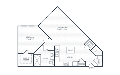 Floor plan for 1 bed, 1 bath, 764 sqft