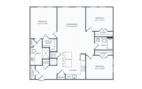 Floor plan for 3 beds, 2 baths, 1226 sqft
