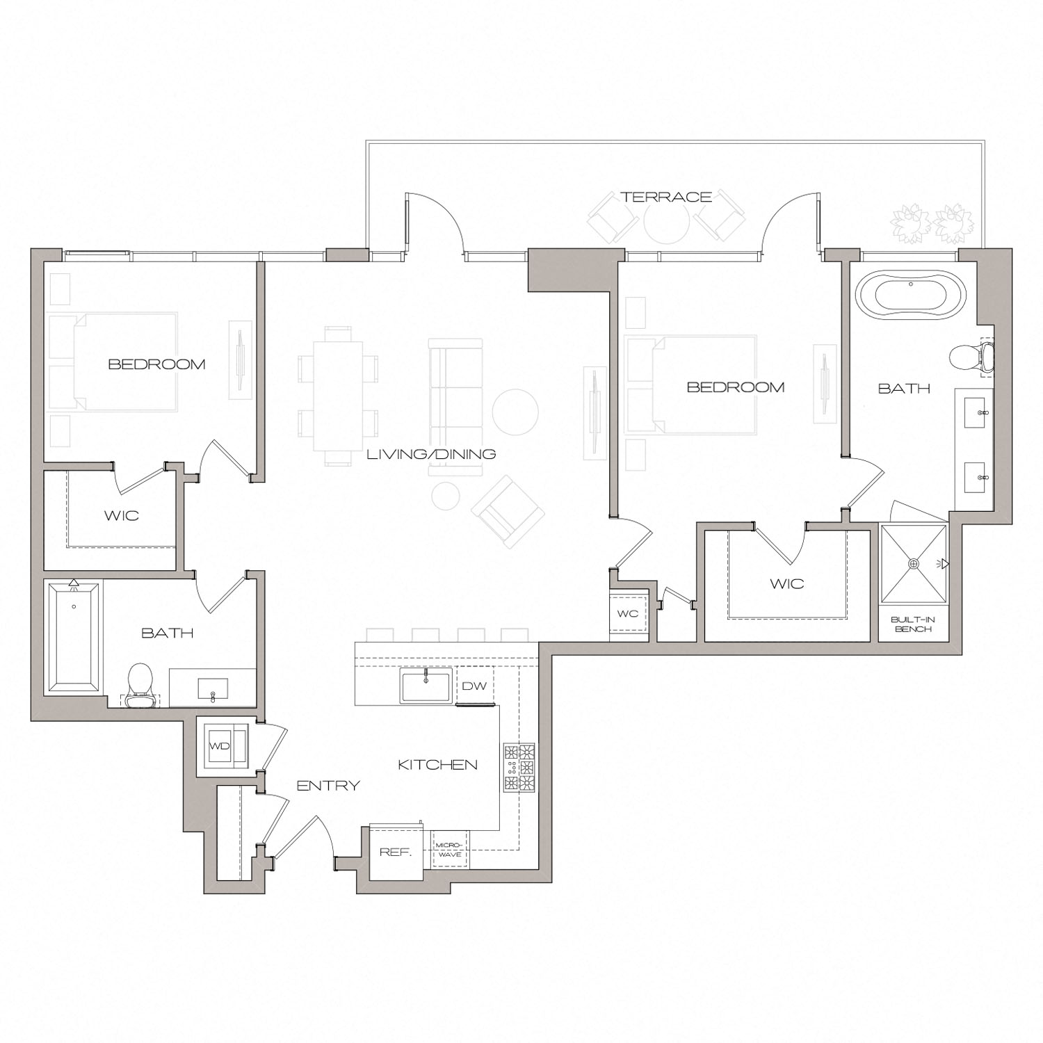 Floor plan for 2 beds, 2 baths, 1216 sqft