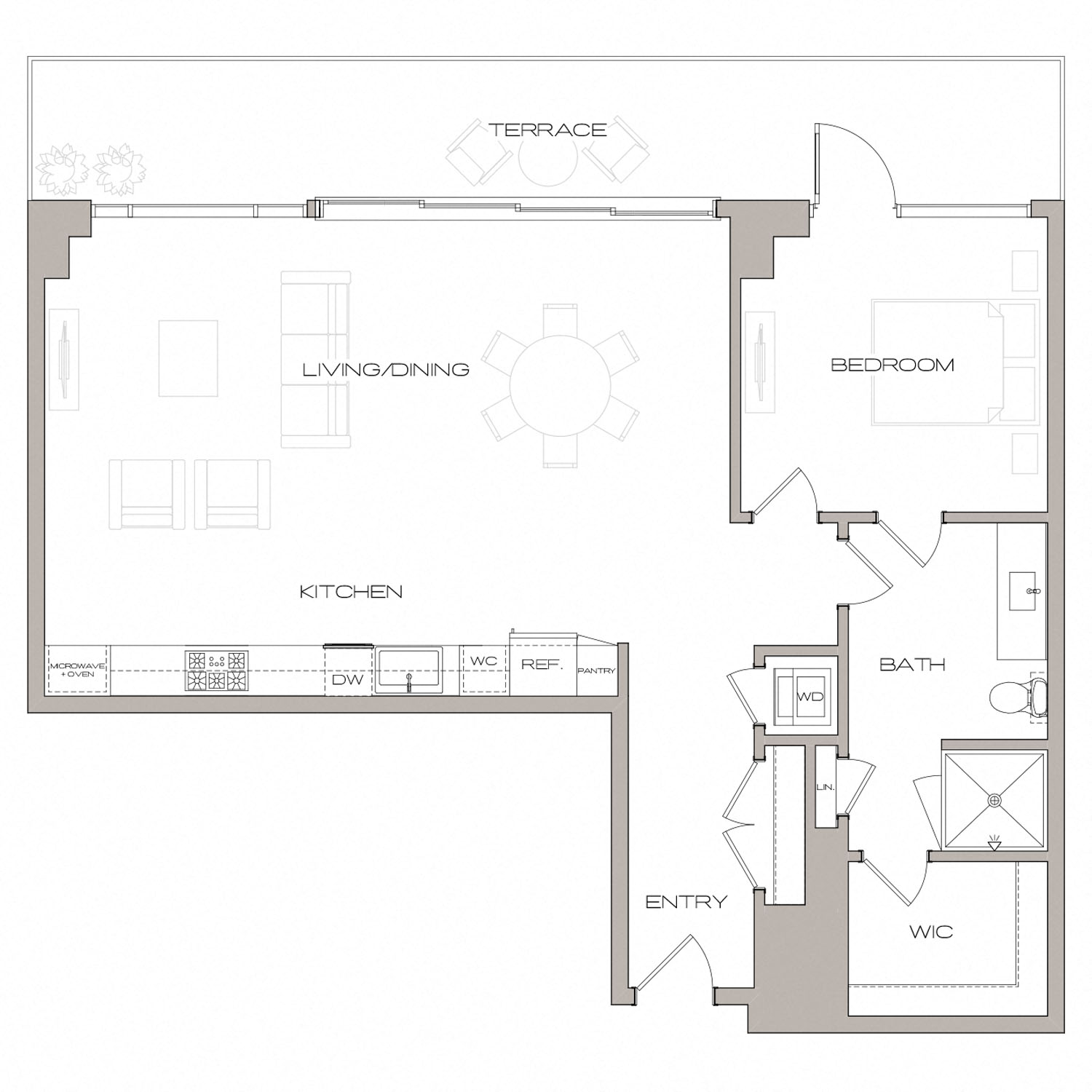 Floor plan for 1 bed, 1 bath, 1003 sqft