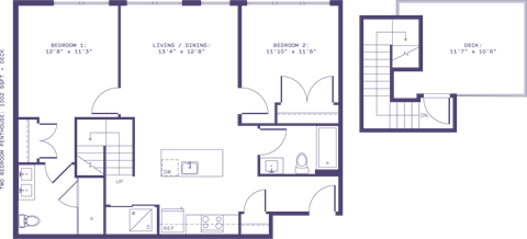 Floor plan for 2 beds, 2 baths, 1002 sqft