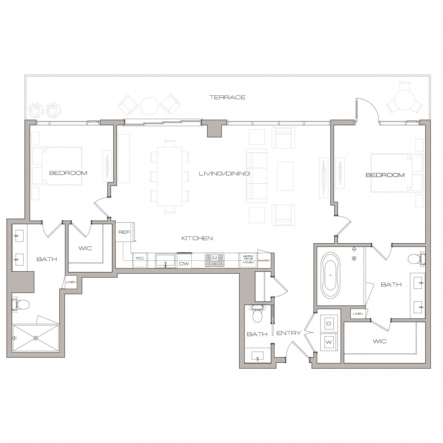 Floor plan for 2 beds, 2.5 baths, 1422 sqft