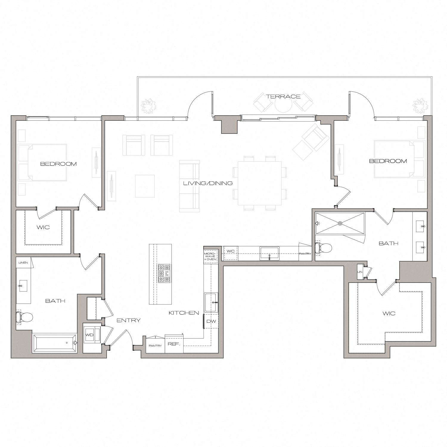 Floor plan for 2 beds, 2 baths, 1595 sqft