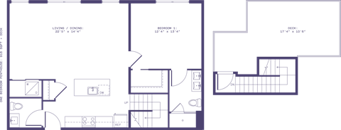 Floor plan for 1 bed, 1 bath, 916 sqft