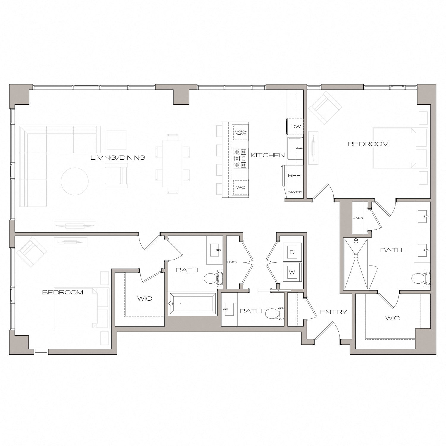 Floor plan for 2 beds, 2.5 baths, 1612 sqft