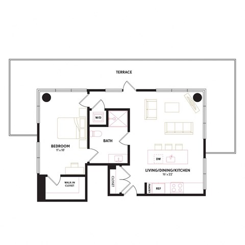 Floor plan for 1 bed, 1 bath, 789 sqft