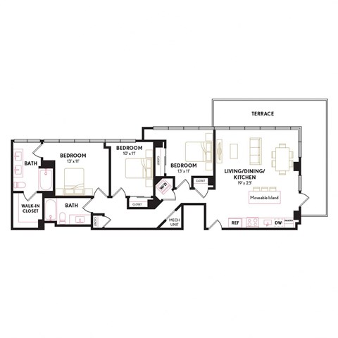 Floor plan for 3 beds, 2 baths, 1381 sqft