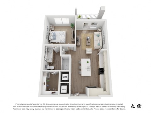 Floor plan for 1 bed, 1 bath, 714 sqft