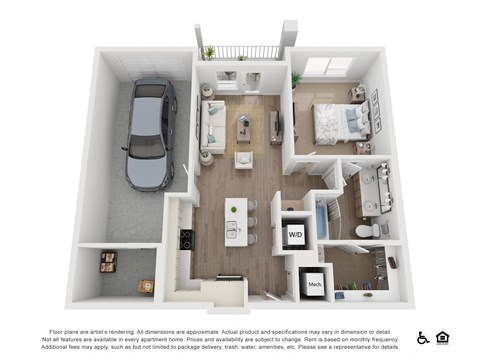 Floor plan for 1 bed, 1 bath, 734 sqft