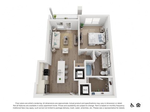 Floor plan for 1 bed, 1 bath, 710 sqft