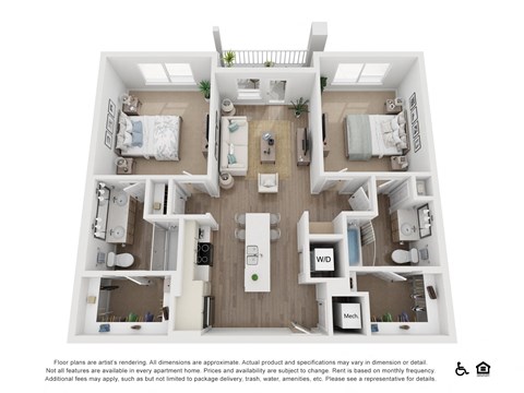 Floor plan for 2 beds, 2 baths, 1076 sqft