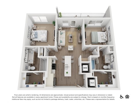 Floor plan for 2 beds, 2 baths, 1051 sqft