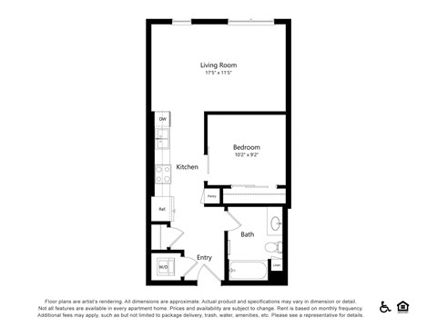 Floor plan for 1 bed, 1 bath, 620 sqft