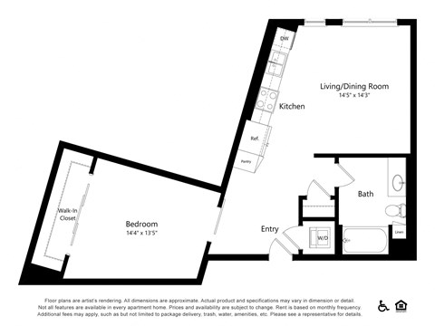 Floor plan for 1 bed, 1 bath, 747 sqft