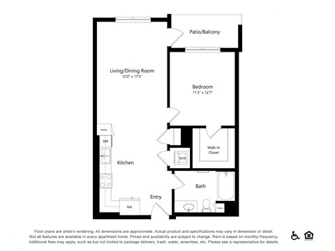 Floor plan for 1 bed, 1 bath, 751 sqft