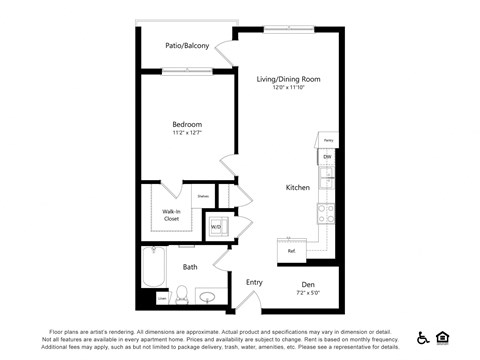 Floor plan for 1 bed, 1 bath, 756 sqft