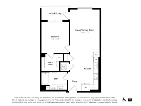 Floor plan for 1 bed, 1 bath, 756 sqft