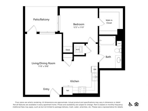 Floor plan for 1 bed, 1 bath, 761 sqft