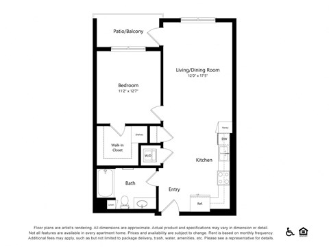Floor plan for 1 bed, 1 bath, 768 sqft