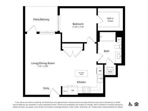 Floor plan for 1 bed, 1 bath, 784 sqft