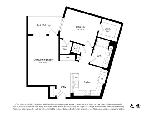Floor plan for 1 bed, 1 bath, 907 sqft