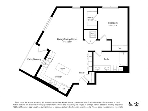 Floor plan for 1 bed, 1 bath, 908 sqft