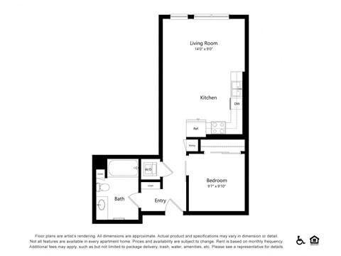 Floor plan for 1 bed, 1 bath, 625 sqft