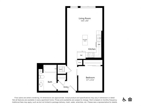 Floor plan for 1 bed, 1 bath, 627 sqft