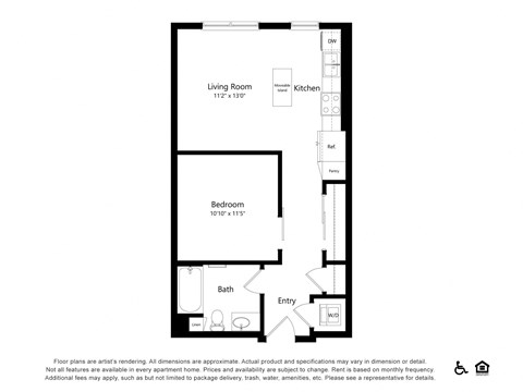 Floor plan for 1 bed, 1 bath, 628 sqft