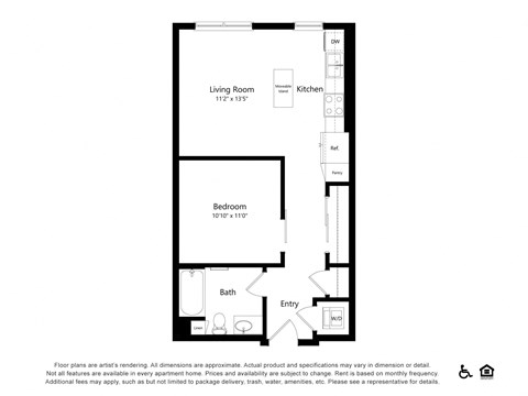 Floor plan for 1 bed, 1 bath, 637 sqft