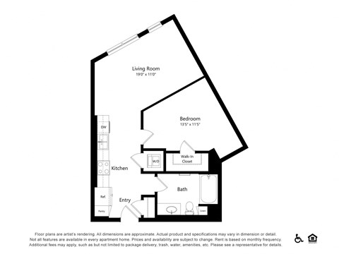 Floor plan for 1 bed, 1 bath, 673 sqft