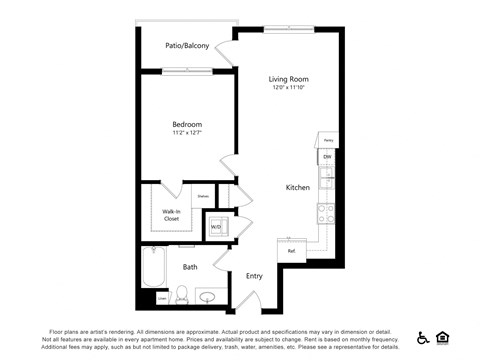 Floor plan for 1 bed, 1 bath, 717 sqft