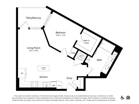 Floor plan for 1 bed, 1 bath, 730 sqft