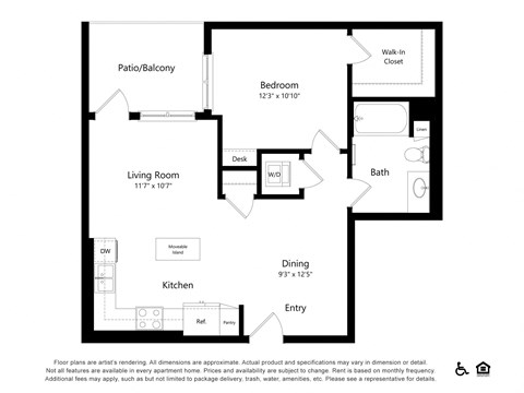 Floor plan for 1 bed, 1 bath, 743 sqft
