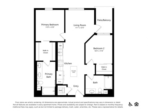 Floor plan for 2 beds, 2 baths, 949 sqft