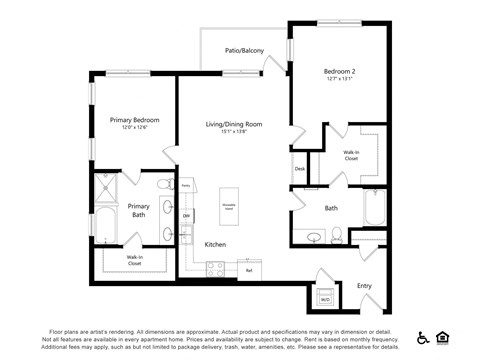 Floor plan for 2 beds, 2 baths, 1275 sqft