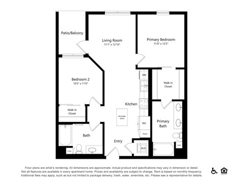Floor plan for 2 beds, 2 baths, 960 sqft