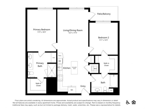 Floor plan for 2 beds, 2 baths, 1137 sqft